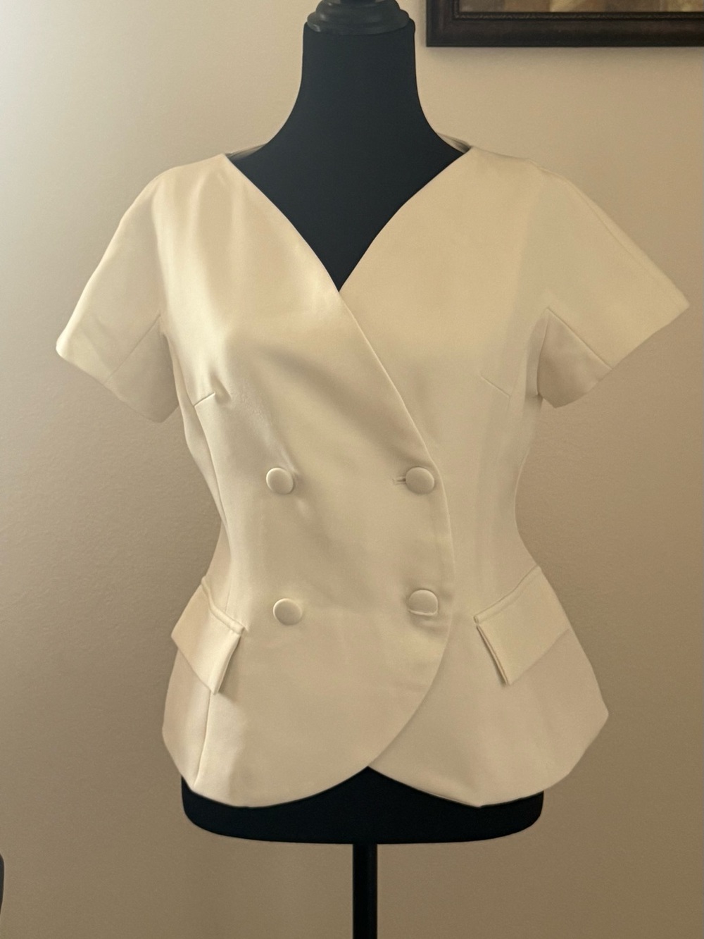 COMMENSE White Double-Breasted Peplum Top – Size M
